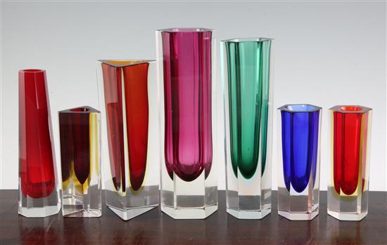 Seven Murano Sommerso glass faceted vases, 1950s-70s, 14cm - 24cm